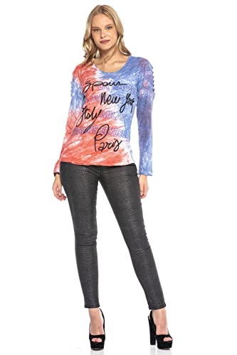 Cipo & Baxx Damen Langarmshirt Batik Waschung Rundhals Cut-Outs Sweatshirt Pullover Strassteine Blau-Pink XL