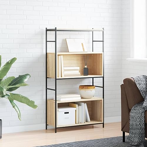 KLYEON Bücherregal Sonoma-Eiche 80x30x145,5 cm Holzwerkstoff und Eisen,Multifunktionales Bücherregal im IndustrieStil mit viel Stauraum und Kippsicherung Regalsysteme