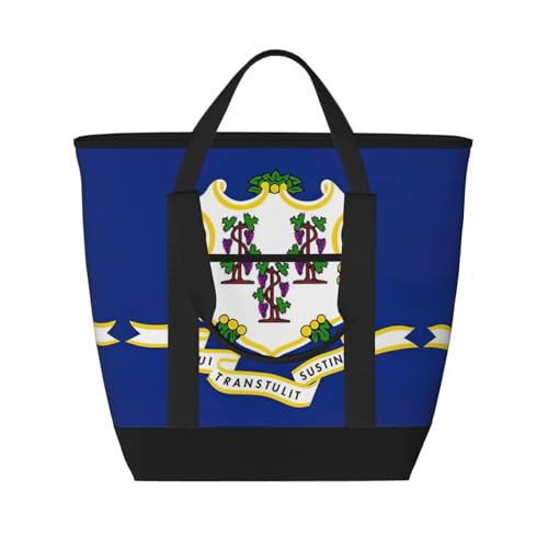 YQxwJL Connecticut isolierte Kühltasche mit Staatsflaggen-Druck, großes Fassungsvermögen, Einkaufstasche, Reisetasche, Strand, wiederverwendbare Einkaufstasche für Erwachsene, Schwarz, Einheitsgröße