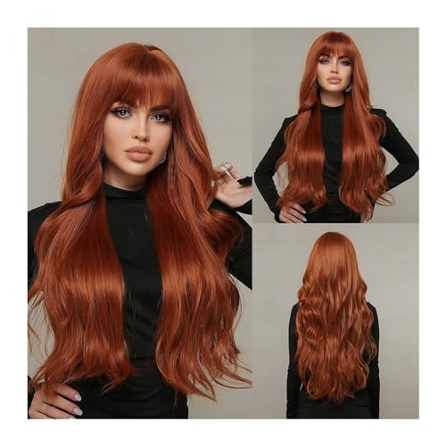 Perücken für Frauen Lange natürliche Wellen-Orange-Synthetik-Perücken mit vollem Pony for schwarze Frauen, tägliche Halloween-Cosplay-Perücken, Haar, hitzebeständige Faser für den täglichen Gebrauch(W