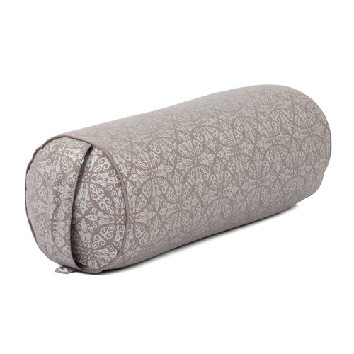 Bodhi Yoga Bolster Ø 23 cm | Maharaja Collection | Abnehmbarer & Waschbarer Bezug aus 100% Baumwolle | mit Bio-Dinkelfüllung | Yogakissen für Restorative & Yin Yoga (Taupe/Silber)