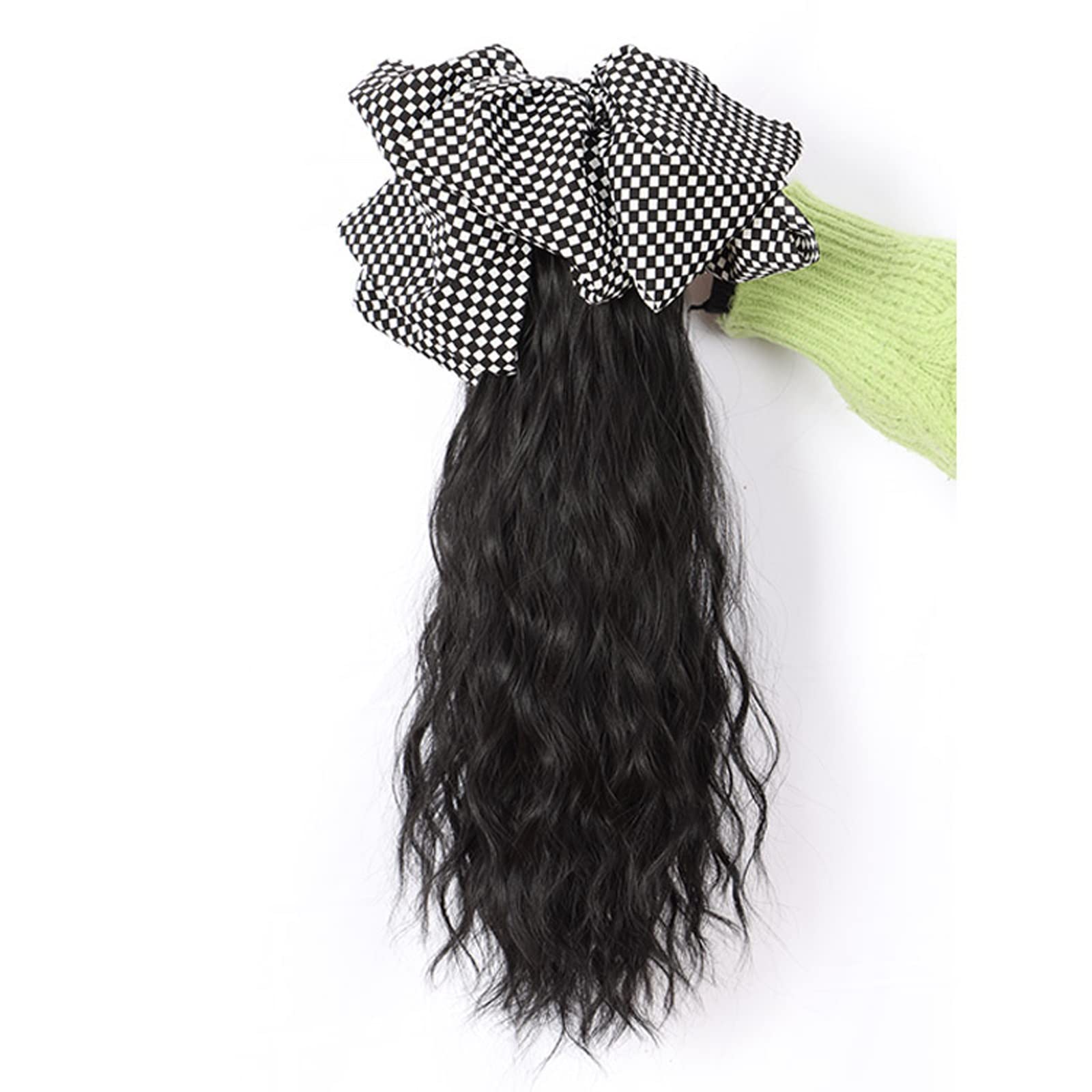 Perücken für Frauen Perücke Pferdeschwanz Schleife Haarschmuck Mädchen Greifclip Wasser Ripple Pferdeschwanz Zopf Hochwertige Perücke für die Tägliche Party Cosplay Tragen(Schwarz,Checkerboard bow)