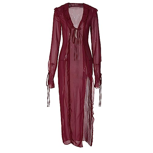 Mllepjdh Damen Mesh Badeanzug Ups Kleid Einfarbig Langärmelig Schnürung Durchsichtiges Mesh Figurbetont Strand Maxi Langkleid