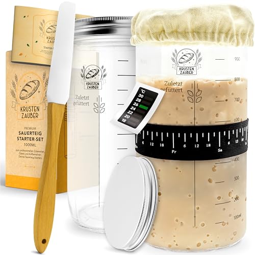 KRUSTENZAUBER 2x Sauerteig Starter Set - 2x 1000ml Gärglas mit Spatel u. Thermometer - Brot Backen Zubehör, Sauerteig Glas, Fermentieren, Sourdough Starter Kit, Anstellgut Glas, Fermentierglas