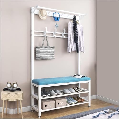 Stand-Industriegarderobe, freistehender Flurbaum mit Schuhbankhaken und rutschfestem Fußpolster für Schlafzimmer, Flur, Wohnzimmer, maximale Tragfähigkeit 150 kg, weiß, 100 x 33 x 170 cm