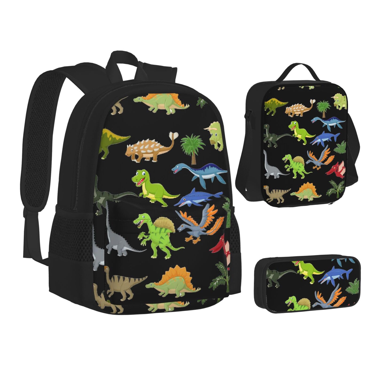 WURTON Rucksack mit Cartoon-Dinosaurier-Bildern, 3-in-1-Büchertasche und Federmäppchen, passende Kombination, Schwarz, Einheitsgröße