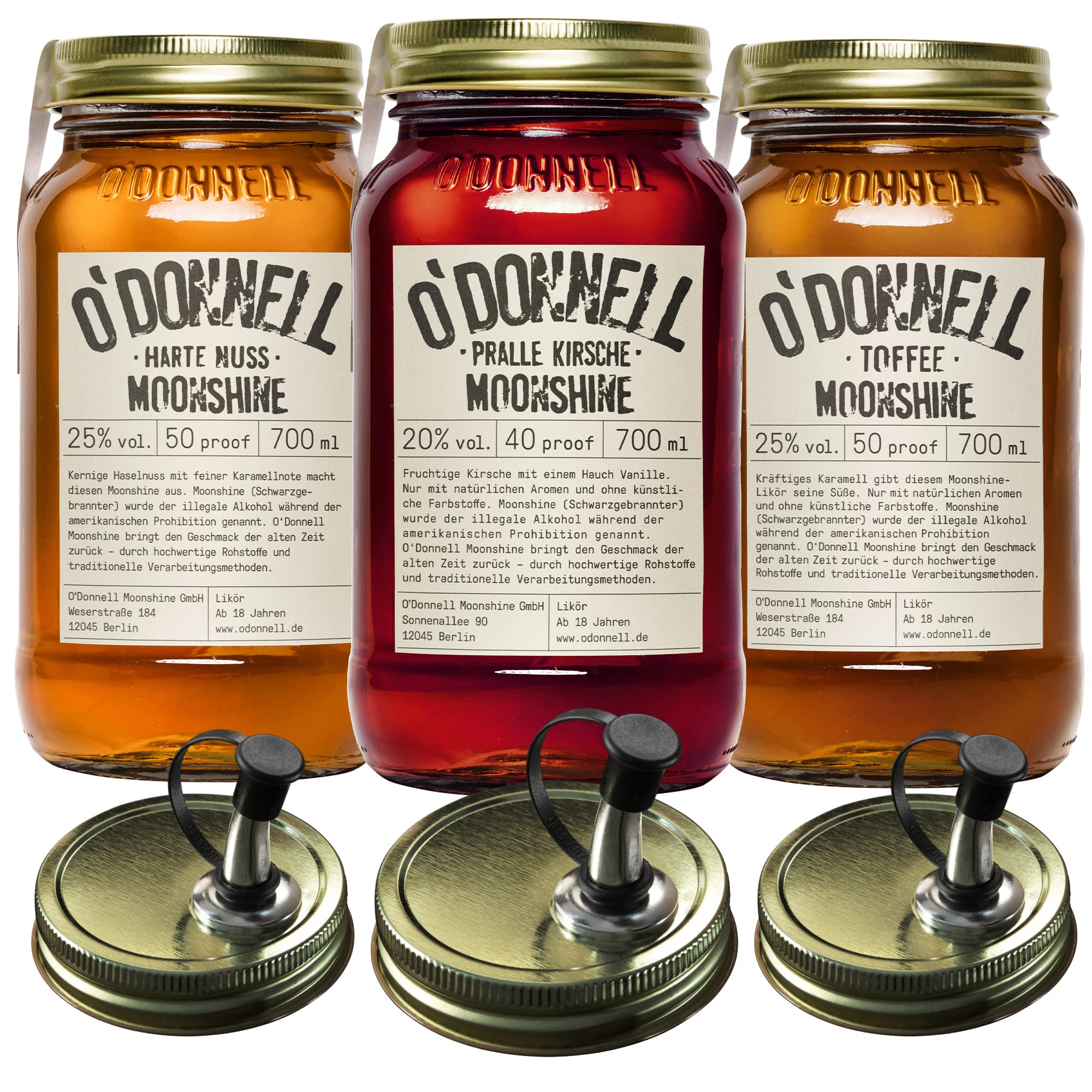 O'Donnell Moonshine Geschenkset | Geschenkbox | Premium Likör nach amerikanischer Tradition | 3 x 700ml | Natürliche Zutaten | Vegan | mit Ausgießer (Pralle Kirsche/Harte Nuss/Toffee)