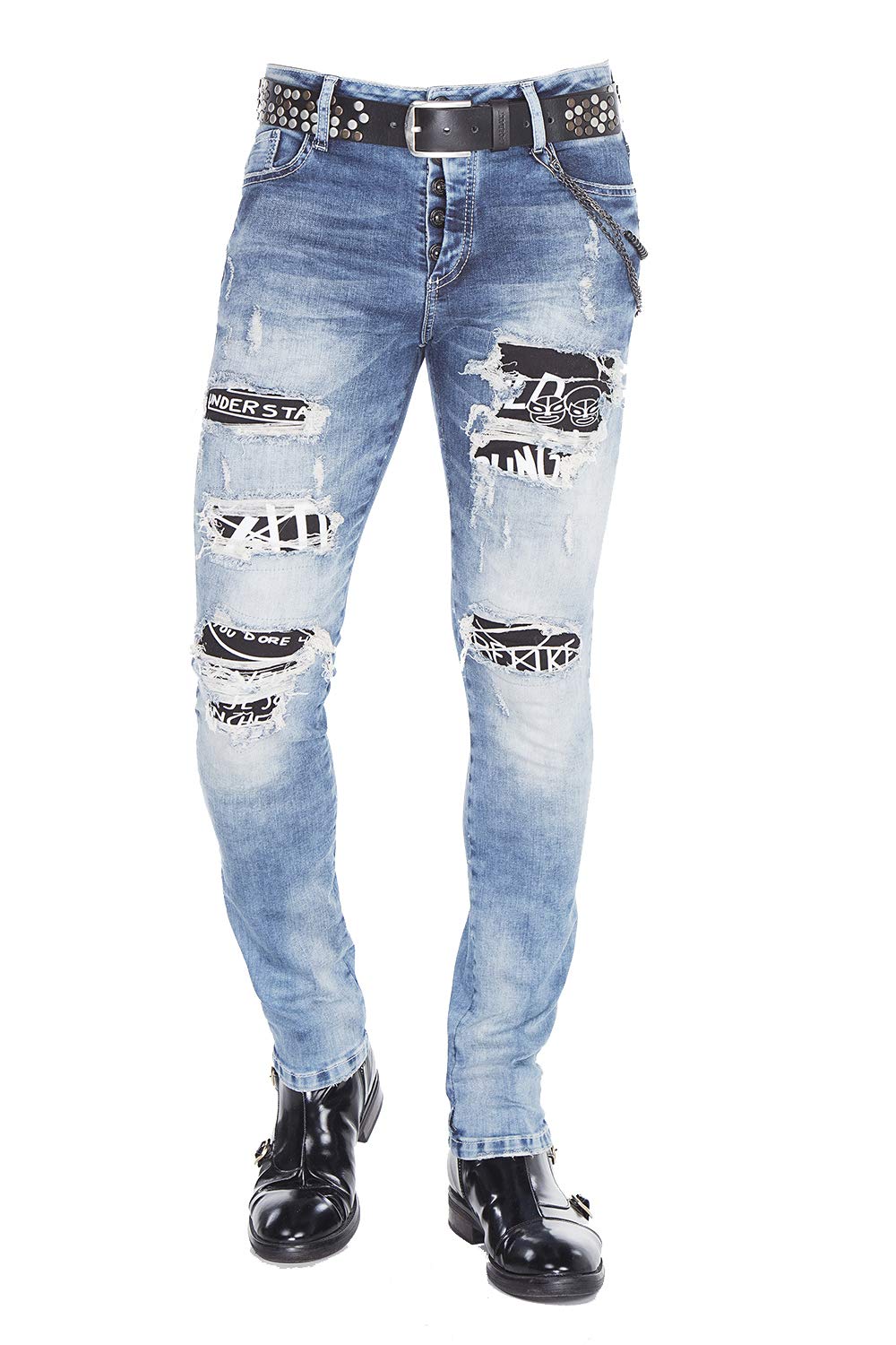 Cipo & Baxx Herren Jeans Destroyed-Look Used Zerrissen Rockig Skinny Denim Jeanshose CD417 W36 L32 Blau