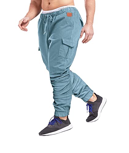 SOMTHRON Herren Elastische Taille Gürtel Baumwolle Jogging Sweat Hosen Plus Size Mode Lange Sports Cargo Hosen Shorts mit Taschen Joggers Activewear Hosen, M, Blau