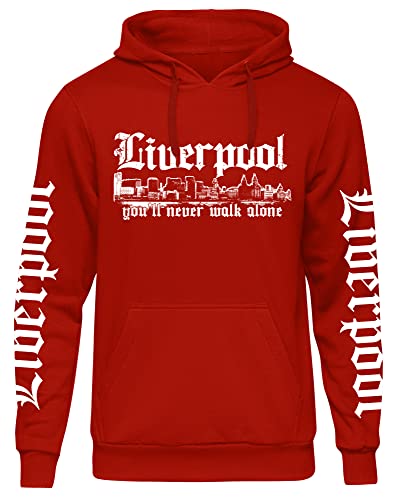 UGLYSHIRT Liverpool Skyline Herren Kapuzenpullover | Stadt Sport Fussball Pullover Hoodie Ultras | M1 FB+Ärmeldruck Rot (XL)