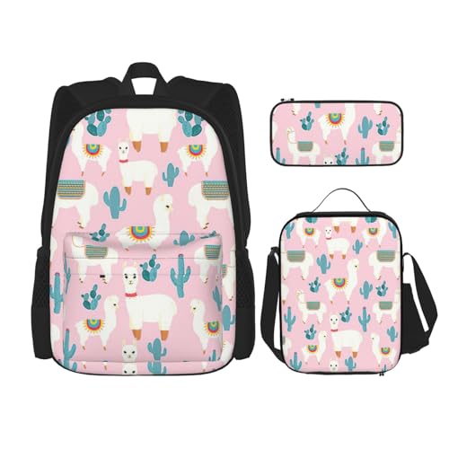 WURTON Schulterrucksack, Motiv: Lama, Kaktus, 3-in-1, Büchertaschen-Set, Lunchbox, Federmäppchen, Reisen, Laptop, Tagesrucksäcke