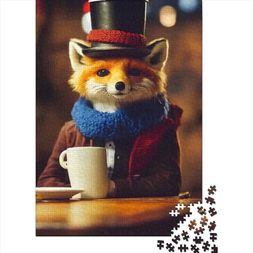 Lustiges Puzzle mit Fuchs und Kaffee für Erwachsene, 1000 Teile, 100% recycelte Holzplatte, für Teenager, Jungen und Mädchen (Größe 75 x 50 cm)