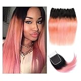 Human Hair Bundles Gerade Bundles mit 4x4-Spitzenverschluss Hot Pink Rose Golden Luxus vorgefärbte Remy-Echthaarverlängerungen Haarteil Extensions(Size:18 18 with 12)