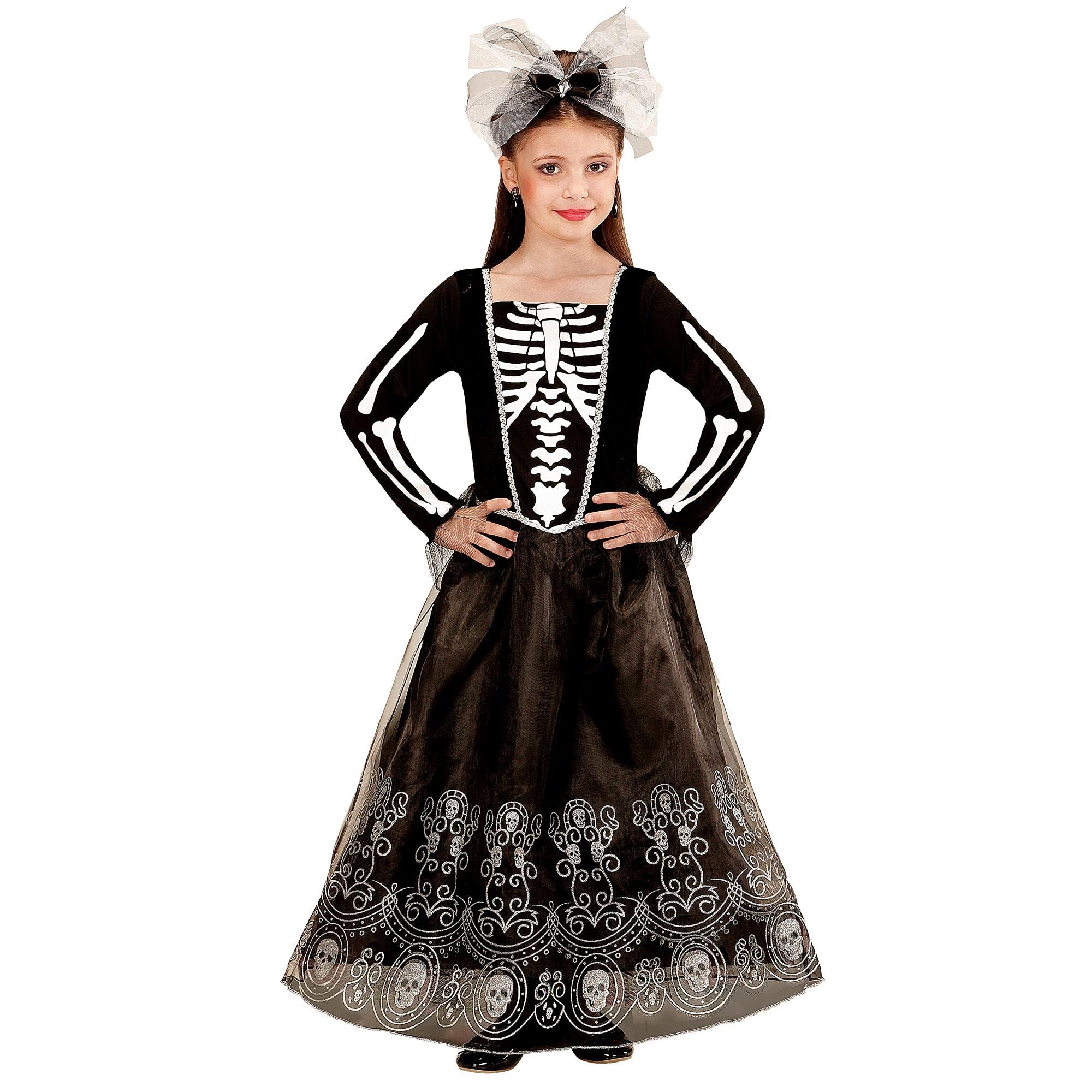 Widmann - Kinderkostüm Skeletria, Kleid, Haarreif mit Schleife, Juwel und Tüll, Halloween, Karneval, Mottoparty