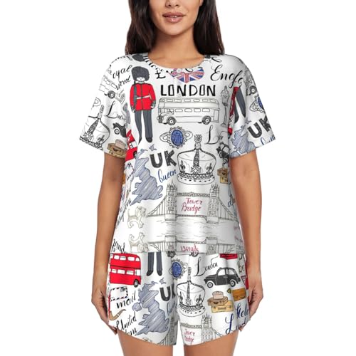 WURTON I Love London I Love London Pyjama-Set für Damen, kurzärmelig, Rundhalsausschnitt, 2-teiliges Lounge-Set, Schwarz, 4XL