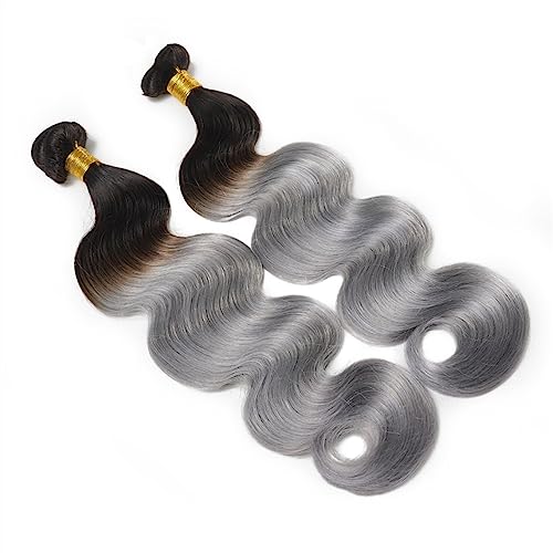 Human Hair Bundles Silberne Körperwellen-Bündel, 100% Echthaar, 1/3 Stück, Ombre-Grau, zweifarbige Haarverlängerungen, Remy-Menschenhaar-Bündel human hair weave(Color:14 14 16)