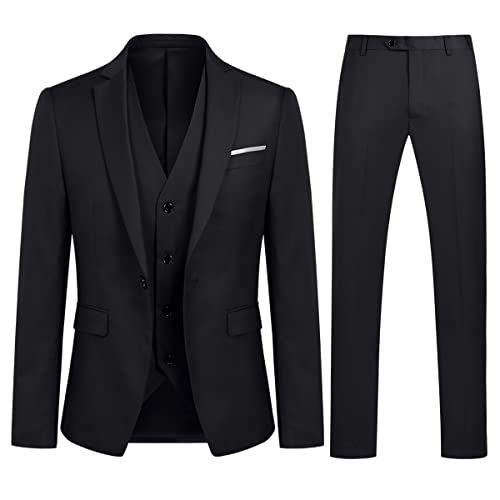 Anzug Herren Slim Fit 3 Teilig Anzüge Modern Herrenanzug 3-Teilig Sakko Hose Weste für Business Hochzeit Schwarz Large