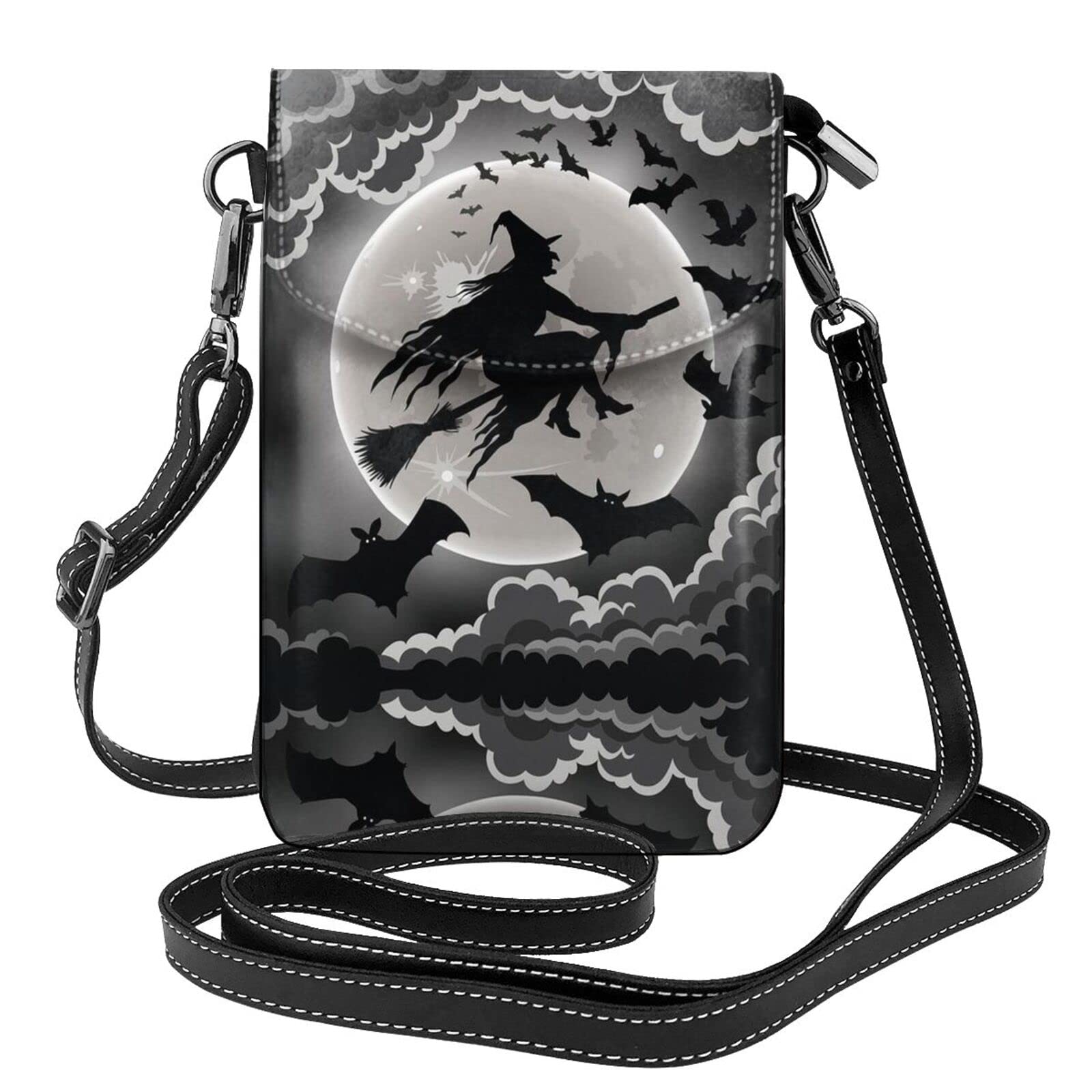 DMORJ Halloween-Hexe-Handy-Geldbörse – kleine Umhängetasche aus Leder für Damen, Schultergurte, Tasche mit Kreditkartenfächern, 19 x 7,3 cm, Schwarz , Einheitsgröße