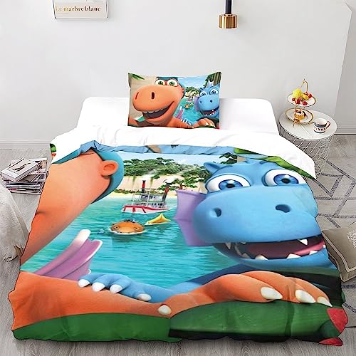 UKALOU Der kleine Drache Kokosnuss Cartoon-Animation 3D Bettwäsche Set Kinder Erwachsene, Microfaser Bettbezug Und Kissenbezüge Mit Reißverschluss Weich Haltbar Atmungsaktive Single（135x200cm）