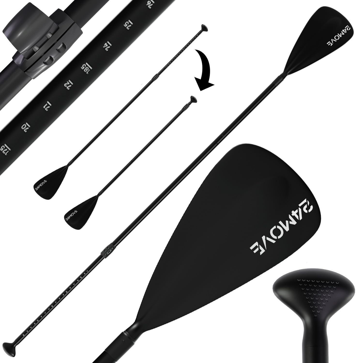 24MOVE® Paddel Einzelpaddel Teleskoppaddel Stechpaddel für SUP Stand Up Board, Paddling, Leicht aus Aluminium 210cm, verstellbar schwarz