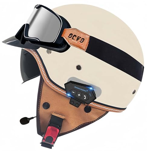 Retro-Bluetooth-Helm Mit Offenem Gesicht, Demi-Jet-Rollerhelm Mit Visier Mit Offenem Gesicht, Klassischer Jet-Motorradhelm, Vintage, ECE-Zugelassener Für Männer Und Frauen B,XL61-62CM