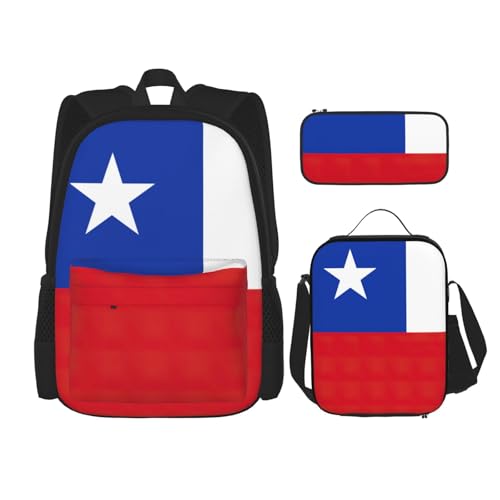 WURTON Flagge von Chile Druck Reise Lunchbox Federmäppchen Rucksack Set 3 Stück Verstellbare Träger Leicht, Schwarz, Einheitsgröße, Schwarz, One Size