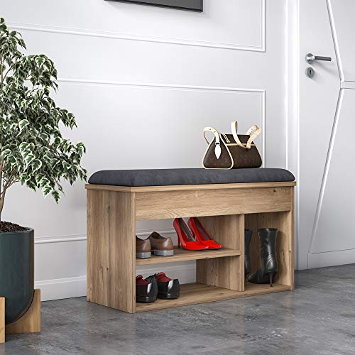 Dmora Schuhschrank mit Sitz und Ablagen, 80 x 31 x 46 cm, Eichenfarbe