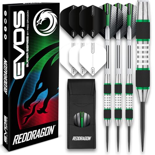 RED DRAGON Evos: 24 Gram Grün Tungsten Dartpfeile Profi Steel Darts Set mit Flights, Schäfte and Dart Tasche