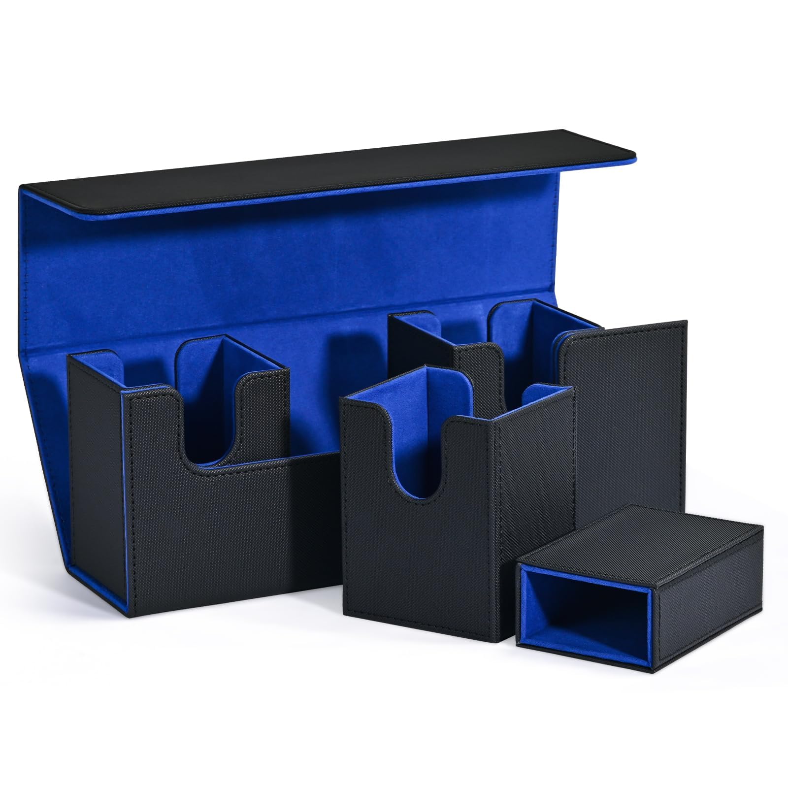 Pcivzxam Kartenaufbewahrungsbox, Kartendeck-Aufbewahrungsbox mit Würfelfach, 4-In-1-Kartendeck-Hülle für Mehr Als 300 Karten, Magnetischer Karten-Organizer, Schwarz + Blau