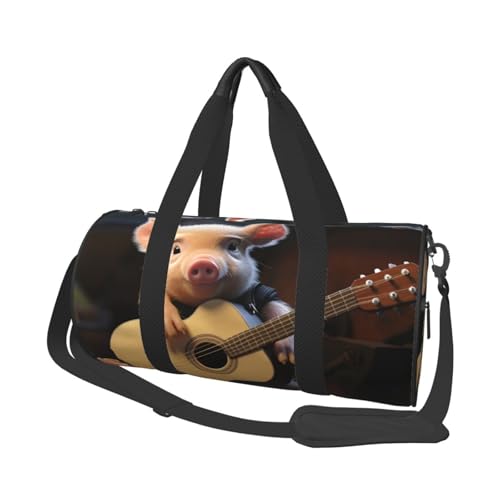 Reisetasche mit Ferkel zum Spielen von Gitarre, Handgepäck, Wochenendtasche, Übernachtungstasche, Sport, Turnbeutel für Damen und Herren, faltbar, runde Reisetasche für Reisen, Sport, Fitnessstudio,