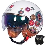 Vintage Motorradhelm mit Doppelvisier und Knee Pads, Frauen Motorrad Jethelm, Offenes Gesicht Helm für Scooter Roller Moped Cruiser Chopper Harley ECE Zertifiziert - Komfort-Innenfutter (Blumen)