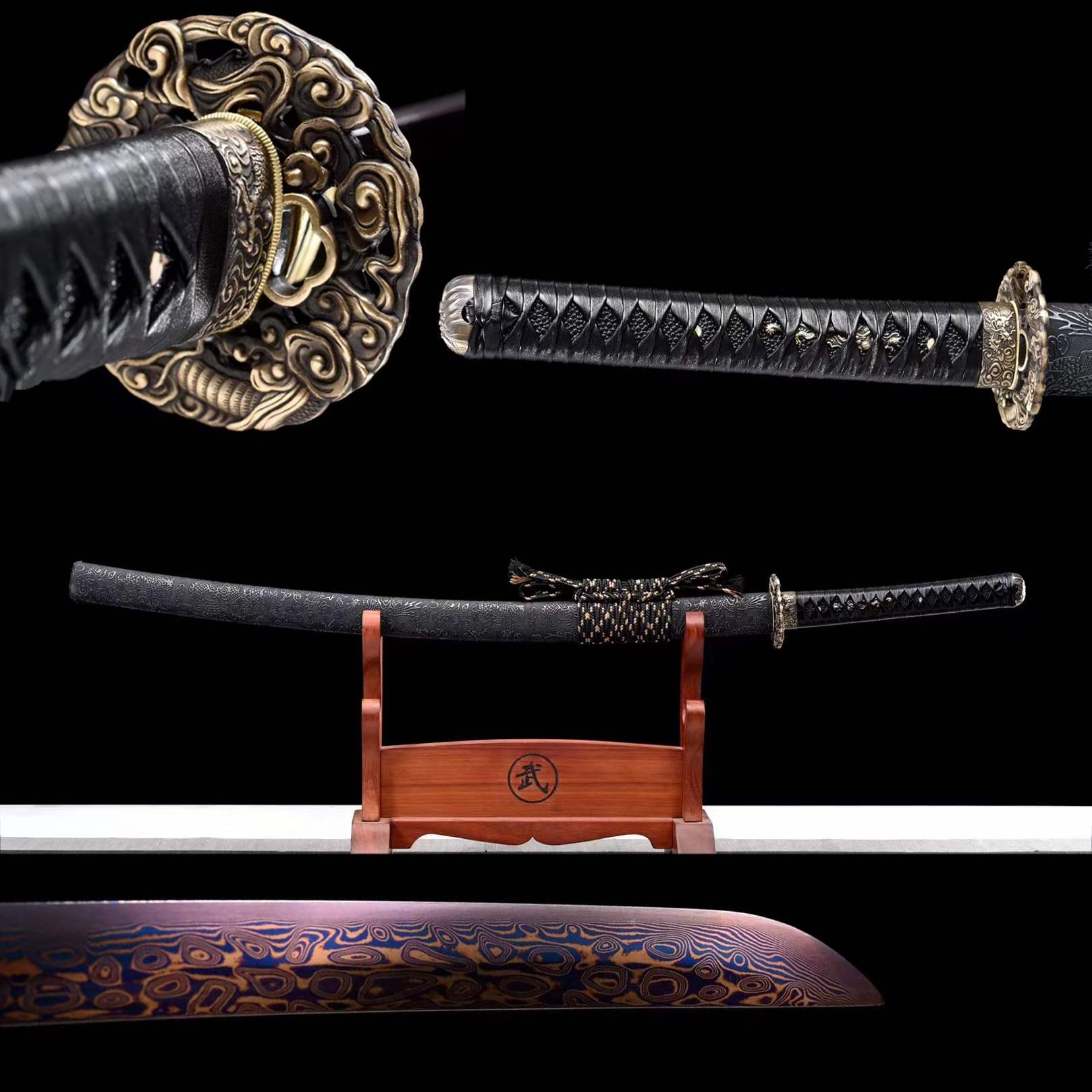 KWXPW 103 cm handgeschmiedetes Katana - Hundert verfeinerte Stahlklinge - Fein gravierter Handschutz aus reinem Kupfer - Massivholz-Outsourcing-Scheide aus PU-Leder mit Drachenmuster