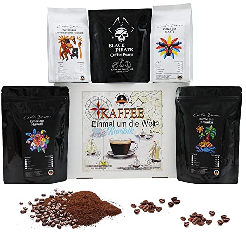 Kaffee "Einmal um die Welt" - Karibik Box - 5 ausgefallene Kaffee Sorten - 4 x 100 g + 1 x 65 g (Mittel Gemahlen)