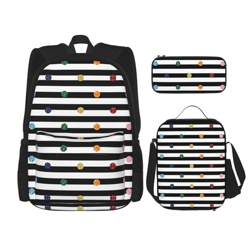 WURTON Schulrucksack, 3-in-1, mit Lunchbox, Federmäppchen, Reise, Laptop, Tagesrucksack, glitzernd, Regenbogenfarben / gepunktet, Schwarz / Weiß