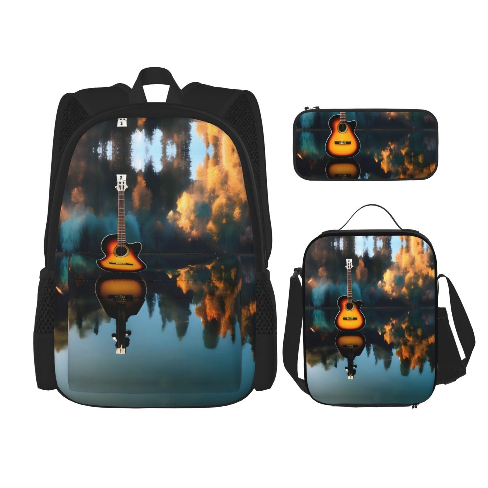 WURTON Lake Guitar Reflections Print Travel Lunch Box Pencil Case Backpack Set 3 Pieces Adjustable Straps Lightweight, Schwarz, Einheitsgröße