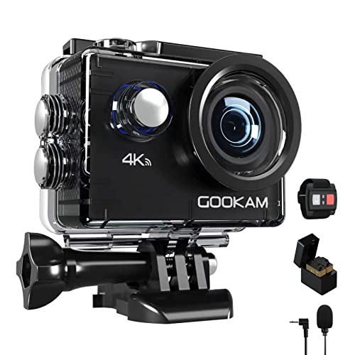 GOOKAM Go 2 Action Cam 4K 20MP Unterwasserkamera 40M Wasserdicht Kamera Actionkamera WiFi Helmkamera mit 2.4G Fernbedienung 170 ° Weitwinkel mit 2x1050mAh Akkus Externem Mikrofon Zubehör Kits