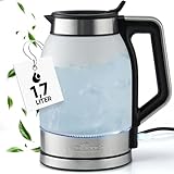 ProfiCook® Wasserkocher 1,7 Liter mit satiniertem Glas | blau beleuchteter Wassertank | Wasserkocher Glas mit 1,7L | Kettle mit selbstschließender Einfüllöffnung | BPA-frei | 2200W | PC-WKS 1215 G