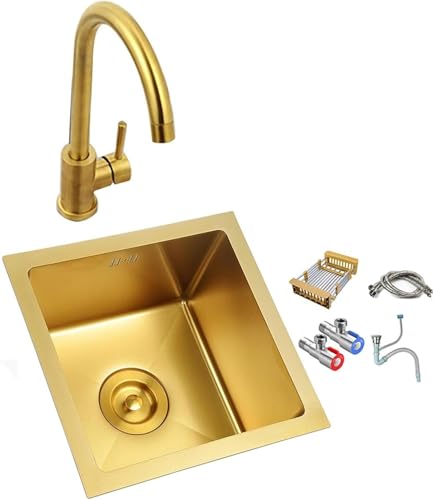 Goldene Edelstahlspüle, Einbauspüle, Unterbauwaschbecken, Wohnmobil-Spüle, Goldener Wasserhahn, Speisekammer, kleine Spüle, komplettes Zubehör, golden, 38 x 38 x 21,5 cm