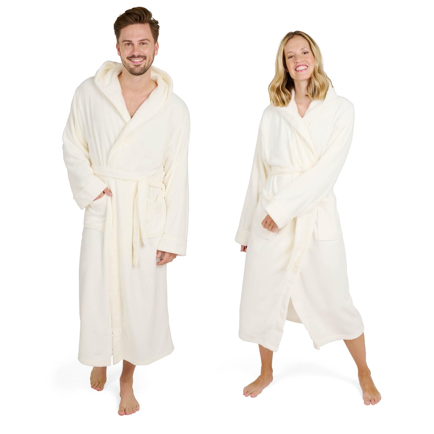 Blumtal Bademantel Damen und Herren - kuschelig weicher Fleece Bademantel mit Kapuze & praktischen Fronttaschen, Oeko-TEX® Zertifiziert, Größe XL, Farbe Off-white - weiß