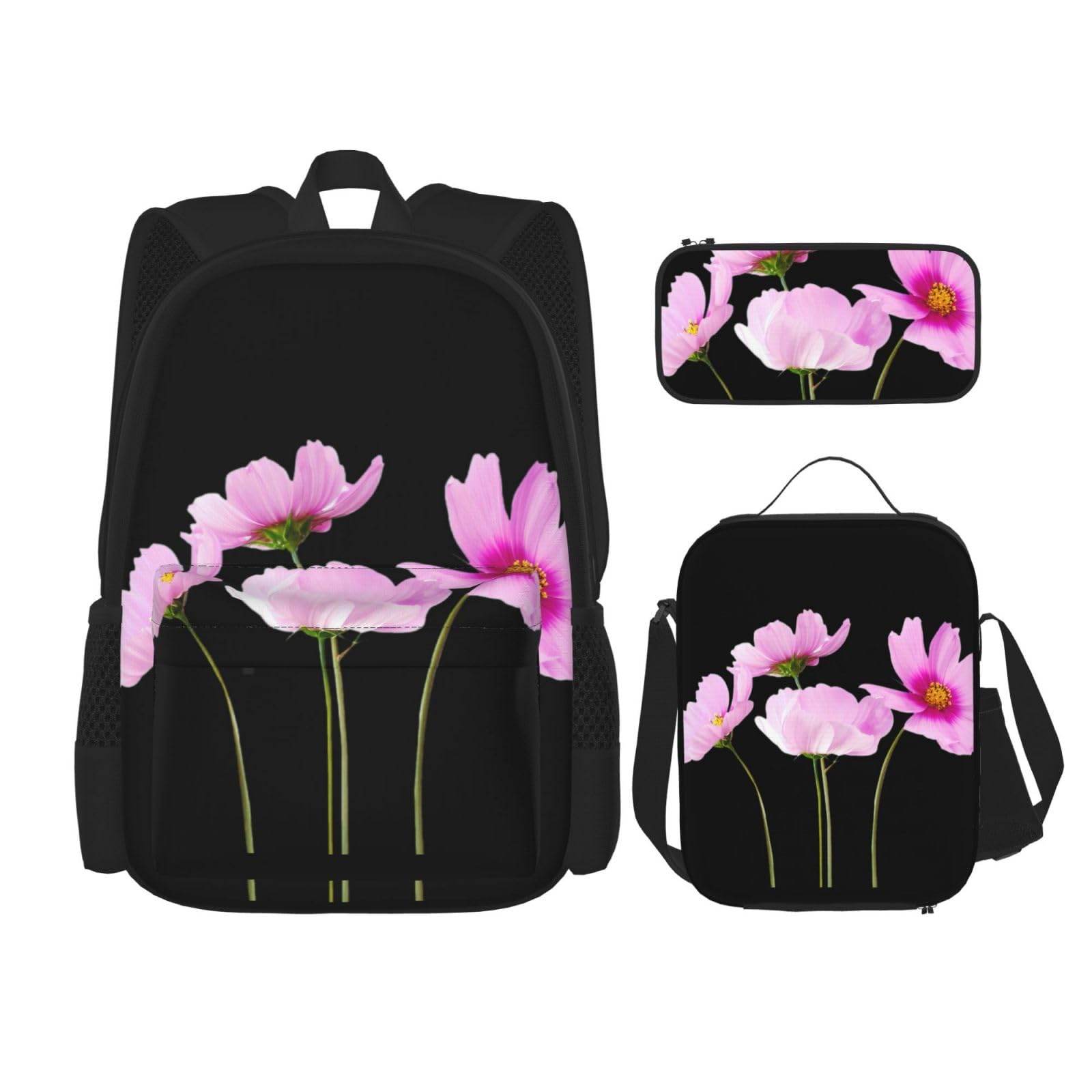 WURTON Rucksack-Set, Motiv: rosa Blätter, Blumen, verstellbare Schultergurte, Lunch-Tasche, Federmäppchen, Kombinationstaschen-Set