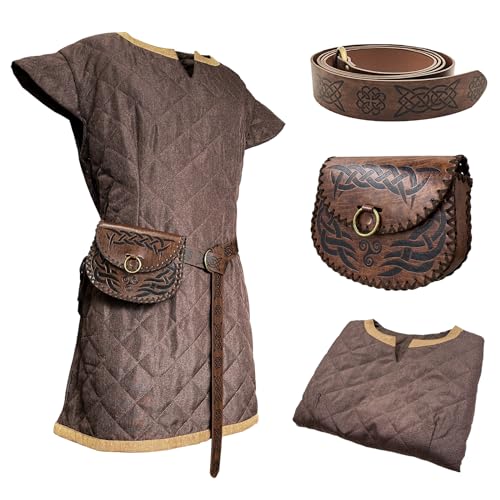 HiiFeuer Mittelalter Kostüm Tunic, mit Vintage-Gürtel und Tasche, Söldner Ritter Kleidung Rüstung, Renaissance LARP Cosplay Set für LARP Ren Faire und Halloween (Braun 2XL)