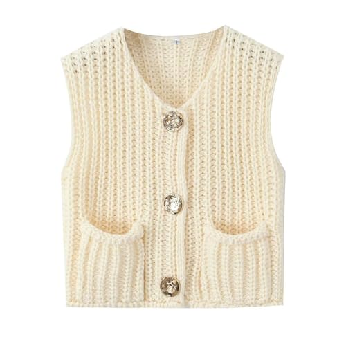 Sweater Vests Women 2024, Women's Button Front V Neck Sleeveless Crochet Solid Checkered Knit Sweater Vest with Pockets (Beige,Medium)