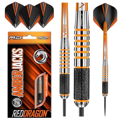 Red Dragon Amberjack 9:Steel Dartpfeile 28 Gramm Profi Steeldarts Set, 3 x Steel Darts mit Flights und Schäfte