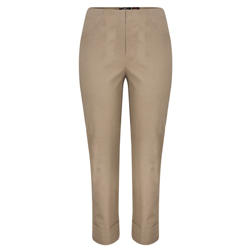 Robell Style BELLA09 – Bequeme, stretchige 7/8 Damenhose, Gerade geschnittenes Bein mit Aufschlag und Gesässtaschen Farbe Taupe Größe 44