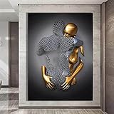 TROONZ Liebe Herz 3D-Effekt Wandkunst mit Holzrahmen, Abstrakte Metallfigur Skulptur Deko, Bild Leinwand Kunst Wand, Liebesherz 3D Effekt, Paare, Metallkunst Set-A||60 * 80cm