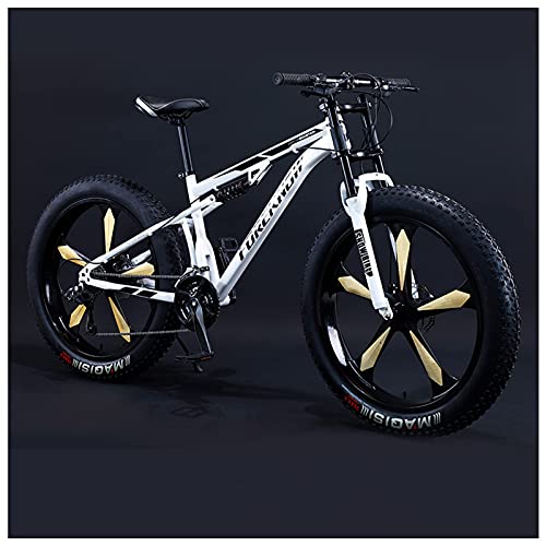 SHENGMIAOHE Fahrrad Mountainbikes, Männer 26 Zoll Erwachsener Fat Reifen Mountainbike Mit Fullpension, High-Carbon Stahl Großer Rahmen Dual Scheibenbremse Riesenfahrrad/White 5 Spoke/7 Speed