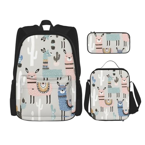 WURTON Llama-Kaktus-Druck, verstellbare Schultergurte, Rucksack-Set, Lunchtasche, Federmäppchen, Kombinationstaschen-Set, Schwarz , Einheitsgröße