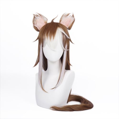 Cosplay Anime Synthetik Perücke, Braune Mischung aus weißen Langhaarperücken, Anime-Kostümperücke mit glattem Haar und Pony und zwei Ohren