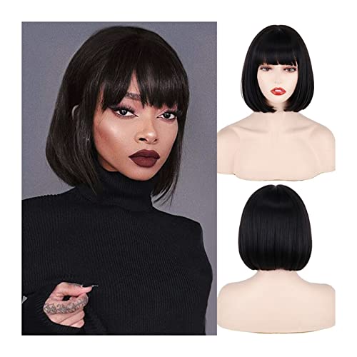 Perücken 11 Zoll kurze Bob-Perücken mit Pony for Frauen, Hochtemperatur-Faser-Synthetik-Perücke mit geradem Kurzhaar for den täglichen Cosplay-Party-Weihnachtsgebrauch Damenperücke (Color : 002, Siz