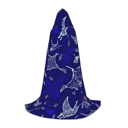 WURTON Manta Ray und Fisch Druck Halloween Kapuzenumhang Renaissance Gothic Umhang für Cosplay Kapuzenumhang Unisex